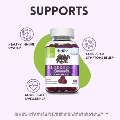 Herbion Elderberry Gummies with Zinc and Vitamin C supports healthy immune system, cold & flu symptoms relief, and good health & wellbeing
