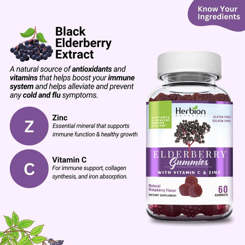 Ingredients List of Herbion Elderberry Gummies: Black Elderberry Extract, Zinc, and Vitamin C