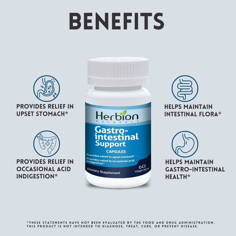 Herbion Gastro-intestinal Support Capsules provides relief in upset stomach, helps maintain intestinal flora, provides relief in occasional acid reflux, and helps maintain gastro-intestinal health