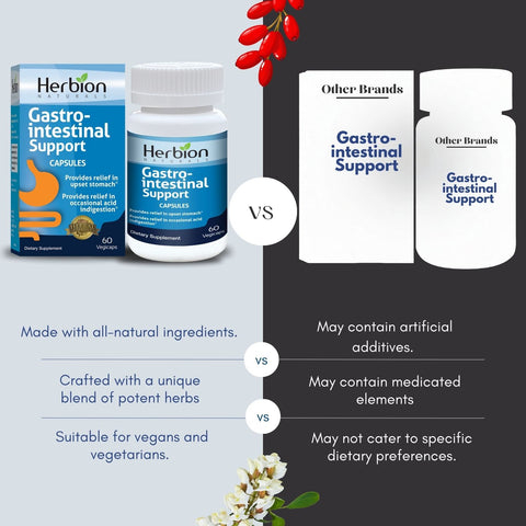 Herbion Gastro-intestinal Support Capsules is made with all-natural ingredients. It's a unique blend of potent herbs, suitable for vegans, that promotes a healthy gut.