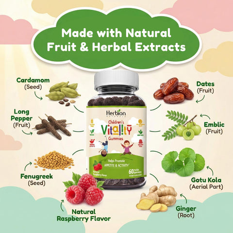 Herbion Children's Vitality Gummies is made of plant-based ingredients like Cardamom, Long Pepper, Fenugreek, Ginger, Gotu Kola, Emblic, and Dates to support kids growth and appetite. 