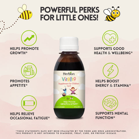 Herbion Vitality Supplement for Children helps promote growth and appetite