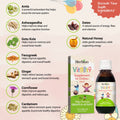 Herbion Vitality Supplement for Children's ingredients list: Amla, Ashwagandha, Gotu Kola, Fenugreek, Ginger, Cornflower. Cardamom, Dates, and Natural Honey. 