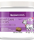 A container of Herbion Pets Joint Care Dog Chews with Glucosamine & Turmeric, featuring 120 soft chews  in Natural Chicken Flavor for dogs' hips and joints.