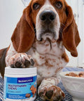 A dog with his paw on Herbion Multivitamin Dog Chews bottle