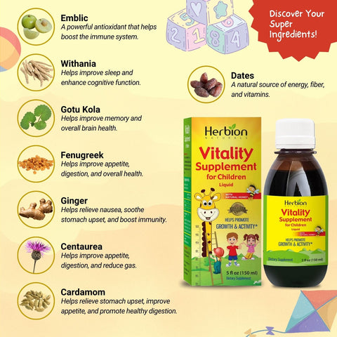 Herbal Blend of Herbion Vitality Supplement for Children: Emblic, Withania, Gotu Kola, Fenugreek, Ginger, Cardamom, and Dates. 