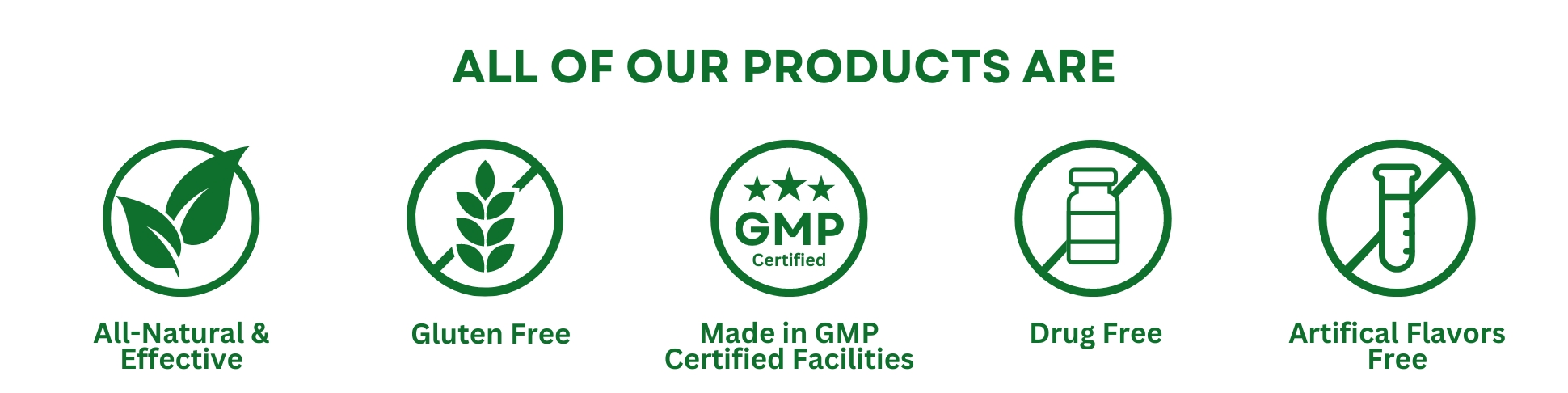 All of our products are all-natural & effective, gluten-free, made in GMP-Certified facilities, drug-free, and artificial flavors free.